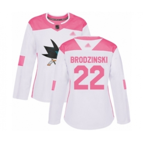 Women's San Jose Sharks #22 Jonny Brodzinski Authentic White Pink Fashion Hockey Jersey Women's San Jose Sharks #22 Jonny Brodzinski Authentic White Pink Fashion Hockey Jersey