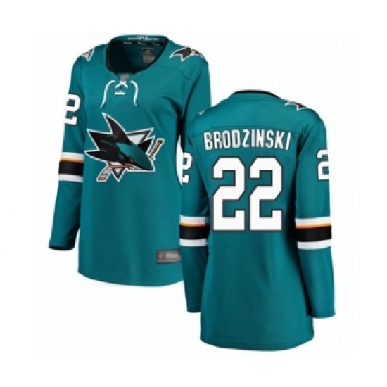 Women's San Jose Sharks #22 Jonny Brodzinski Fanatics Branded Teal Green Home Breakaway Hockey Jersey Women's San Jose Sharks #22 Jonny Brodzinski Fanatics Branded Teal Green Home Breakaway Hockey Jersey
