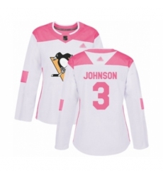 Women's Pittsburgh Penguins #3 Jack Johnson Authentic White Pink Fashion Hockey Jersey