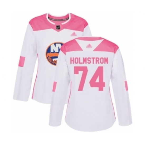 Women's New York Islanders #74 Simon Holmstrom Authentic White Pink Fashion Hockey Jersey Women's New York Islanders #74 Simon Holmstrom Authentic White Pink Fashion Hockey Jersey