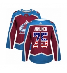 Women's Adidas Colorado Avalanche #75 Justus Annunen Authentic Burgundy Red USA Flag Fashion NHL Jersey