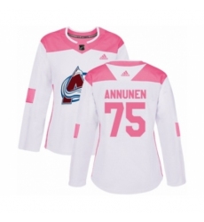 Women's Adidas Colorado Avalanche #75 Justus Annunen Authentic White Pink Fashion NHL Jersey