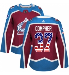Women's Adidas Colorado Avalanche #37 J.T. Compher Authentic Burgundy Red USA Flag Fashion NHL Jersey