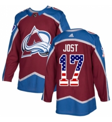 Men's Adidas Colorado Avalanche #17 Tyson Jost Authentic Burgundy Red USA Flag Fashion NHL Jersey