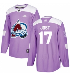 Men's Adidas Colorado Avalanche #17 Tyson Jost Authentic Purple Fights Cancer Practice NHL Jersey