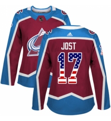 Women's Adidas Colorado Avalanche #17 Tyson Jost Authentic Burgundy Red USA Flag Fashion NHL Jersey