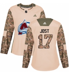 Women's Adidas Colorado Avalanche #17 Tyson Jost Authentic Camo Veterans Day Practice NHL Jersey