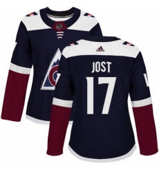 Women's Adidas Colorado Avalanche #17 Tyson Jost Authentic Navy Blue Alternate NHL Jersey