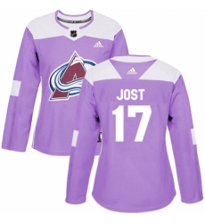 Women's Adidas Colorado Avalanche #17 Tyson Jost Authentic Purple Fights Cancer Practice NHL Jersey