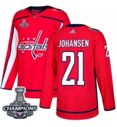Men's Adidas Washington Capitals #21 Lucas Johansen Authentic Red Home 2018 Stanley Cup Final Champions NHL Jersey