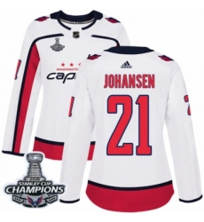 Women's Adidas Washington Capitals #21 Lucas Johansen Authentic White Away 2018 Stanley Cup Final Champions NHL Jersey