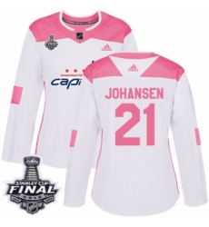 Women's Adidas Washington Capitals #21 Lucas Johansen Authentic White/Pink Fashion 2018 Stanley Cup Final NHL Jersey