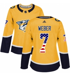 Women's Adidas Nashville Predators #7 Yannick Weber Authentic Gold USA Flag Fashion NHL Jersey