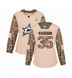 Women's Adidas Dallas Stars #35 Anton Khudobin Authentic Camo Veterans Day Practice NHL Jersey