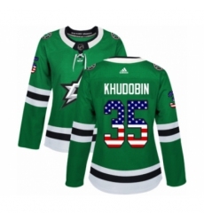 Women's Adidas Dallas Stars #35 Anton Khudobin Authentic Green USA Flag Fashion NHL Jersey