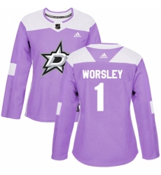 Women's Adidas Dallas Stars #1 Gump Worsley Authentic Purple Fights Cancer Practice NHL Jersey