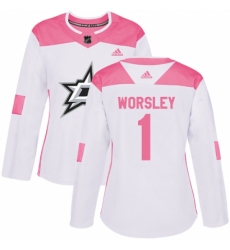 Women's Adidas Dallas Stars #1 Gump Worsley Authentic White/Pink Fashion NHL Jersey