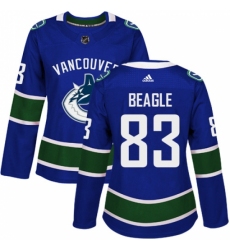 Women's Adidas Vancouver Canucks #83 Jay Beagle Authentic Blue Home NHL Jersey