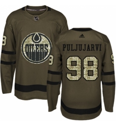 Men's Adidas Edmonton Oilers #98 Jesse Puljujarvi Authentic Green Salute to Service NHL Jersey