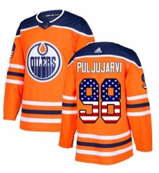 Men's Adidas Edmonton Oilers #98 Jesse Puljujarvi Authentic Orange USA Flag Fashion NHL Jersey