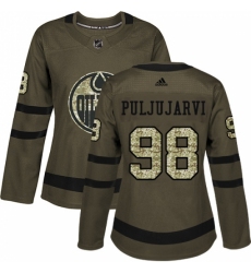 Women's Adidas Edmonton Oilers #98 Jesse Puljujarvi Authentic Green Salute to Service NHL Jersey