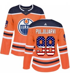 Women's Adidas Edmonton Oilers #98 Jesse Puljujarvi Authentic Orange USA Flag Fashion NHL Jersey