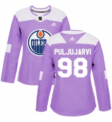Women's Adidas Edmonton Oilers #98 Jesse Puljujarvi Authentic Purple Fights Cancer Practice NHL Jersey