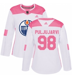 Women's Adidas Edmonton Oilers #98 Jesse Puljujarvi Authentic White/Pink Fashion NHL Jersey