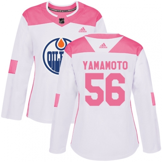 Women's Adidas Edmonton Oilers #56 Kailer Yamamoto Authentic White/Pink Fashion NHL Jersey Women's Adidas Edmonton Oilers #56 Kailer Yamamoto Authentic White/Pink Fashion NHL Jersey