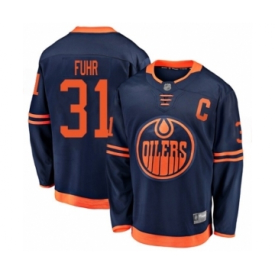 Men's Edmonton Oilers #31 Grant Fuhr Authentic Navy Blue Alternate Fanatics Branded Breakaway Hockey Jersey Men's Edmonton Oilers #31 Grant Fuhr Authentic Navy Blue Alternate Fanatics Branded Breakaway Hockey Jersey