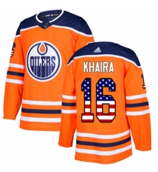 Men's Adidas Edmonton Oilers #16 Jujhar Khaira Authentic Orange USA Flag Fashion NHL Jersey