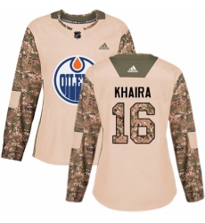 Women's Adidas Edmonton Oilers #16 Jujhar Khaira Authentic Camo Veterans Day Practice NHL Jersey