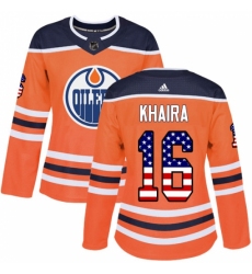 Women's Adidas Edmonton Oilers #16 Jujhar Khaira Authentic Orange USA Flag Fashion NHL Jersey
