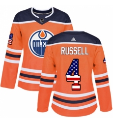Women's Adidas Edmonton Oilers #4 Kris Russell Authentic Orange USA Flag Fashion NHL Jersey