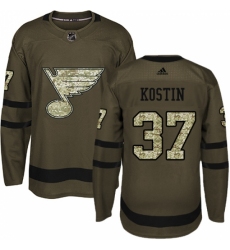 Men's Adidas St. Louis Blues #37 Klim Kostin Premier Green Salute to Service NHL Jersey