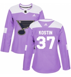 Women's Adidas St. Louis Blues #37 Klim Kostin Authentic Purple Fights Cancer Practice NHL Jersey