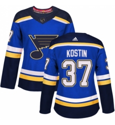 Women's Adidas St. Louis Blues #37 Klim Kostin Authentic Royal Blue Home NHL Jersey