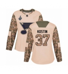 Women's St. Louis Blues #37 Klim Kostin Authentic Camo Veterans Day Practice 2019 Stanley Cup Final Bound Hockey Jersey