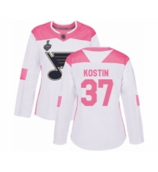 Women's St. Louis Blues #37 Klim Kostin Authentic White Pink Fashion 2019 Stanley Cup Final Bound Hockey Jersey