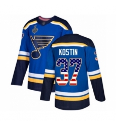 Youth St. Louis Blues #37 Klim Kostin Authentic Blue USA Flag Fashion 2019 Stanley Cup Final Bound Hockey Jersey