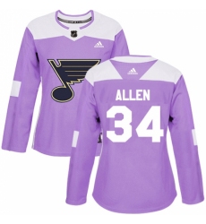 Women's Adidas St. Louis Blues #34 Jake Allen Authentic Purple Fights Cancer Practice NHL Jersey