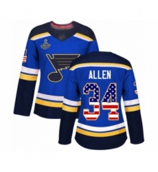 Women's St. Louis Blues #34 Jake Allen Authentic Blue USA Flag Fashion 2019 Stanley Cup Champions Hockey Jersey