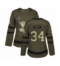 Women's St. Louis Blues #34 Jake Allen Authentic Green Salute to Service 2019 Stanley Cup Final Bound Hockey Jersey