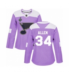 Women's St. Louis Blues #34 Jake Allen Authentic Purple Fights Cancer Practice 2019 Stanley Cup Final Bound Hockey Jersey