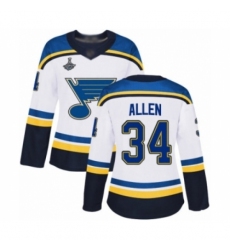Women's St. Louis Blues #34 Jake Allen Authentic White Away 2019 Stanley Cup Champions Hockey Jersey