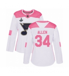 Women's St. Louis Blues #34 Jake Allen Authentic White Pink Fashion 2019 Stanley Cup Champions Hockey Jersey