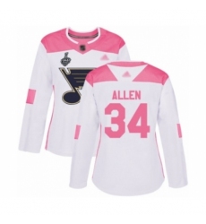 Women's St. Louis Blues #34 Jake Allen Authentic White Pink Fashion 2019 Stanley Cup Final Bound Hockey Jersey