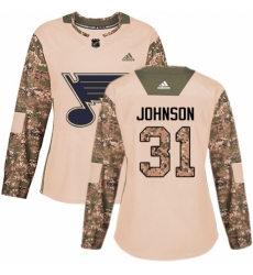 Women's Adidas St. Louis Blues #31 Chad Johnson Authentic Camo Veterans Day Practice NHL Jersey