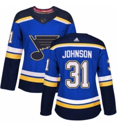 Women's Adidas St. Louis Blues #31 Chad Johnson Authentic Royal Blue Home NHL Jersey