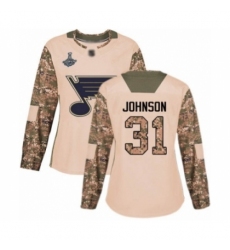 Women's St. Louis Blues #31 Chad Johnson Authentic Camo Veterans Day Practice 2019 Stanley Cup Champions Hockey Jersey